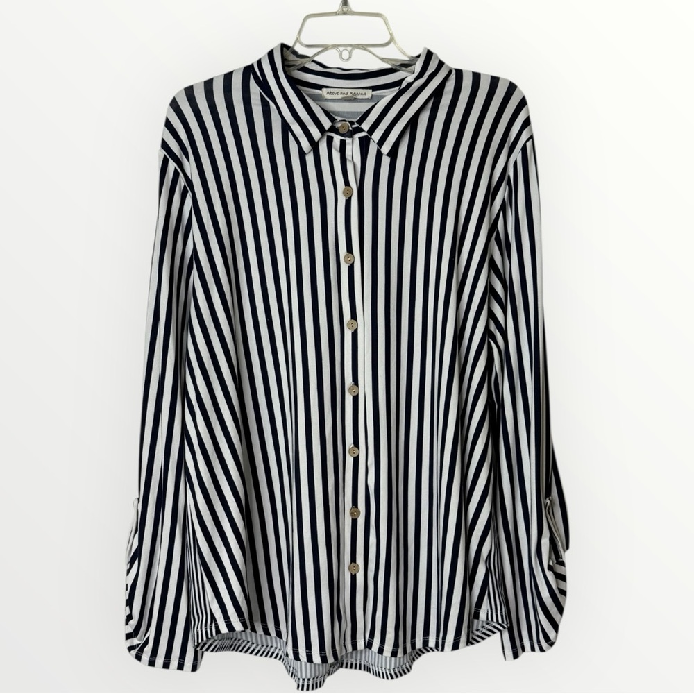 Above and Beyond Blue/White‎ Striped 3/4 Button Sleeve Button Up Womens Plus 3X